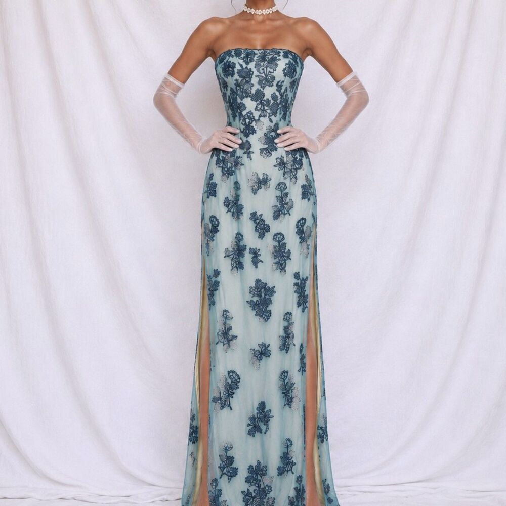 Vintage Y2K 90s Blue Floral Beaded Silk Side Slit Bodycon Maxi Dress Size S/M